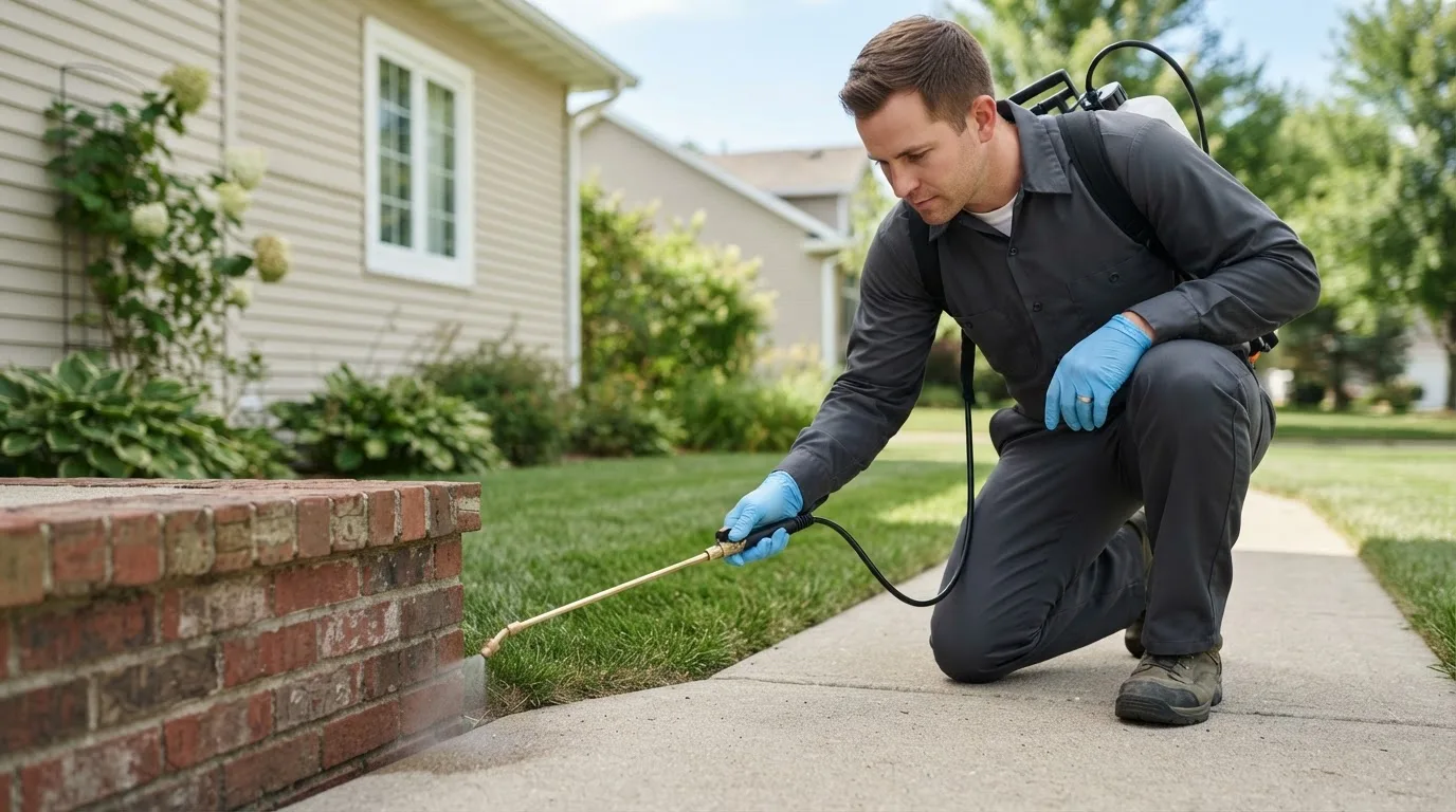 Pest control technician treating a home near Fremont, OH