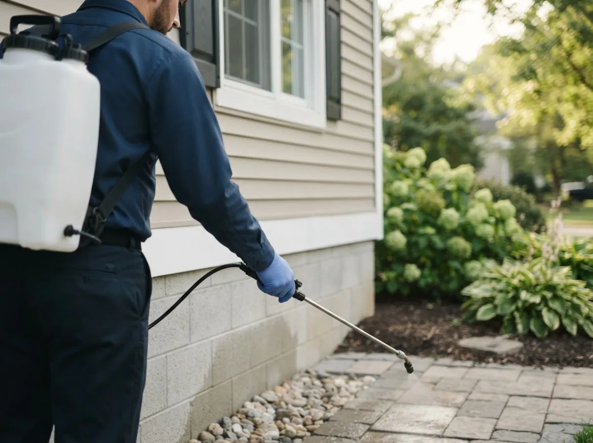 Pest control technician inspecting a home in Fremont, OH